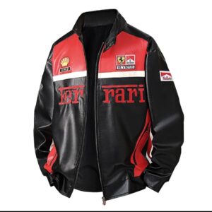 Men's Ferrari Racing Style Pu Leather jacket Embroided Patchwork Moto Biker Coat